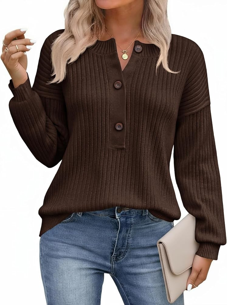Saodimallsu Womens Henley Sweater Tops Fall Button Crew Neck Long Sleeve Trendy Loose Ribbed Knit... | Amazon (US)
