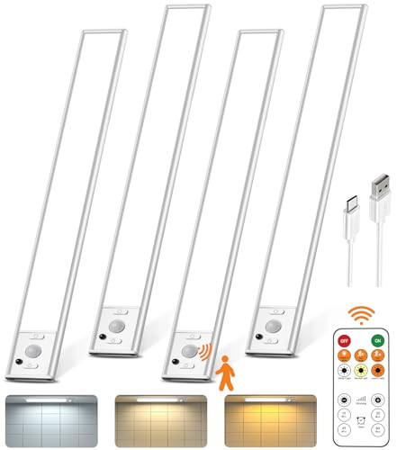 Under Cabinet Lighting with Remote Control,2500mAh USB Rechargeable Motion Sensor Light Indoor,350 Lumen LED Closet Lights,3 Color Temps Wireless Under Counter Lights for Kitchen,Pantry, Stair, 4 Pack | Amazon (US)