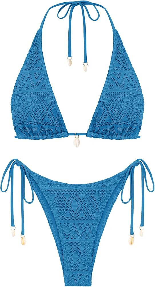ZAFUL Women's Triangle Bikini Multiway Fishnet Tie Side Bandeau Halter String Bikini Set Two Piec... | Amazon (US)