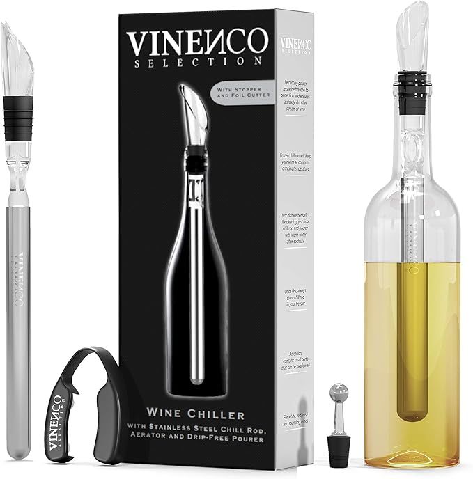 Wine Chiller Set + Foil Cutter, Stopper, Pouch, Ebook - Premium 3-in-1 Stainless Steel Bottle Coo... | Amazon (US)