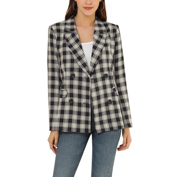 Unique Bargains Women's Plaid Notched Lapel Double Breasted Blazer Jacket | Walmart (US)
