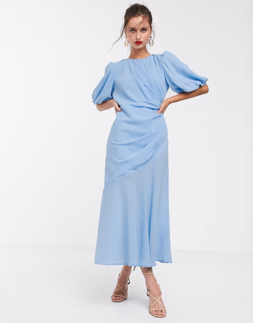 ASOS DESIGN ruched maxi dress with puff sleeve in self check-Blue | ASOS (Global)