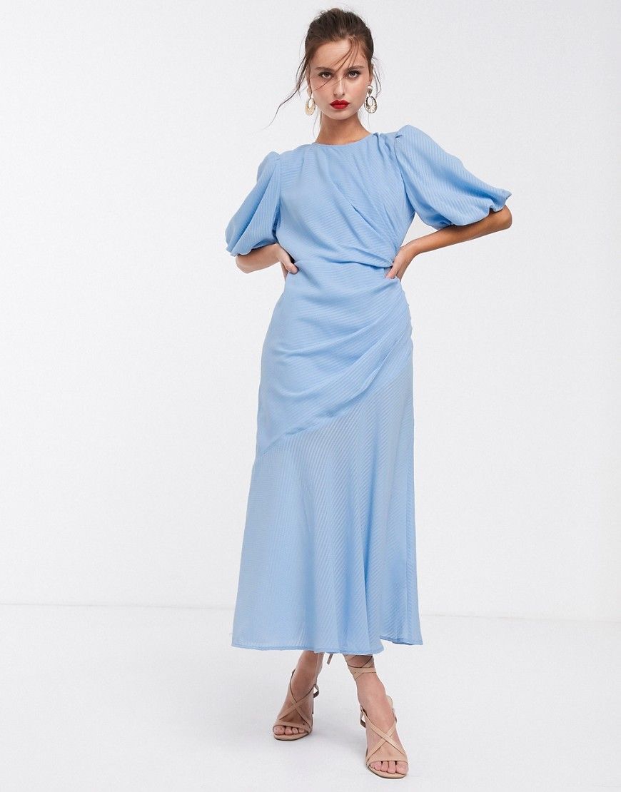 ASOS DESIGN ruched maxi dress with puff sleeve in self check-Blue | ASOS (Global)