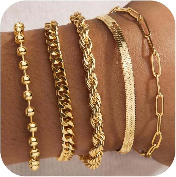 Gold Bracelets for Women,Dainty Bracelets Set for Women Trendy, Gold Bracelets Stack With Beaded,... | Amazon (US)