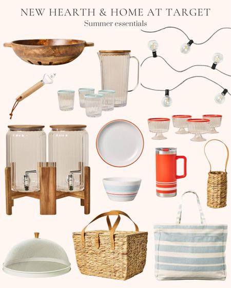 New Hearth and Home at Target. Pretty summer essentials for outdoor living. Patio season. Natural woven bottle carrier. Ribbed plastic parfait cups. Natural woven picnic basket. Metal screen food dome. Melamine bowls. Insulated travel mug. Melamine plates. Wood and stainless steel bottle opener. 3 gallon double beverage dispenser. Ribbed plastic pitcher and tumbler serving set. Wooden harvest bowl. Striped canvas tote bag  

#LTKxTarget #LTKSeasonal #LTKhome