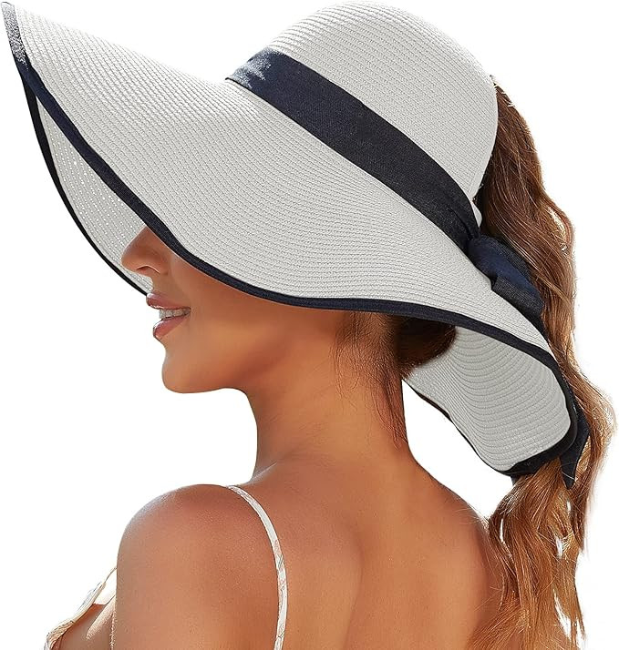 Sun Beach Hats for Women with Ponytail Hole, Floppy Wide Brim Beach Hat, Straw Summer Packable Su... | Amazon (US)