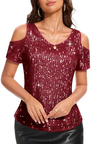 DRESSTELLS Women's Sequin Sparkly Tops, Holiday Party Glitter Christmas V-Neck Short Sleeve Shirt... | Amazon (US)