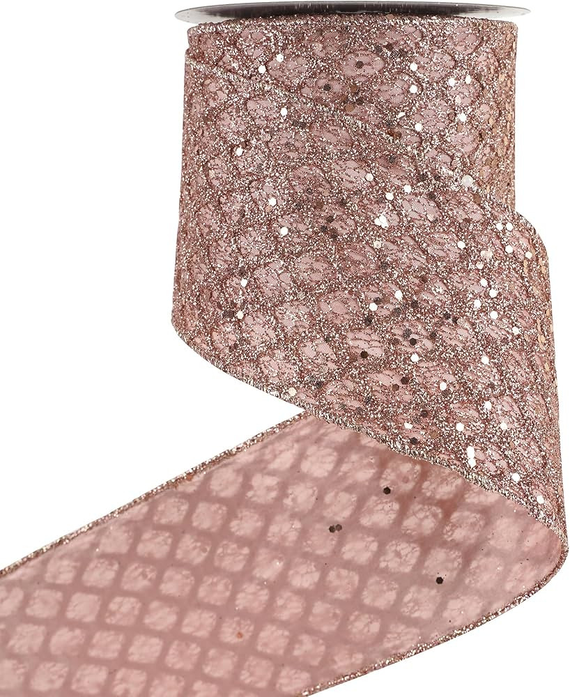 HUIHUANG Rose Gold Christmas Ribbon 4 inch Rose Gold Glitter Wired Ribbon Diamond Mesh Wire Ribbo... | Amazon (US)
