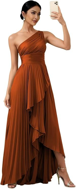 Women's One Shoulder Bridesmaid Dresses with Slit for Wedding High Low Long Satin Pleated Formal ... | Amazon (US)