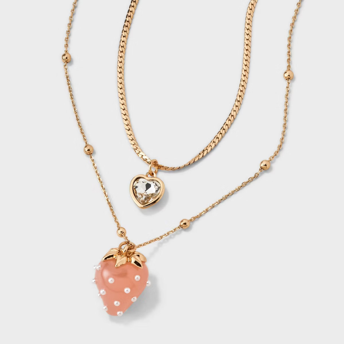 Dainty Chain Strawberry and Crystal Heart Pendant Necklace Set 3pc - Wild Fable™ Gold | Target