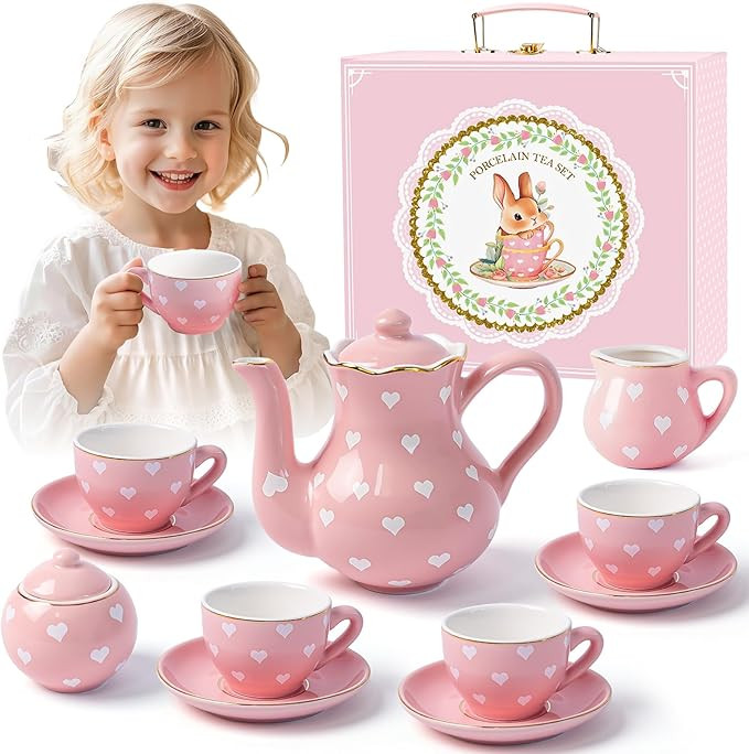 Porcelain Tea Party Set for Little Girls Kids Toddlers, 13Pcs Pink Heart Ceramic Tea Set - Tea Po... | Amazon (US)