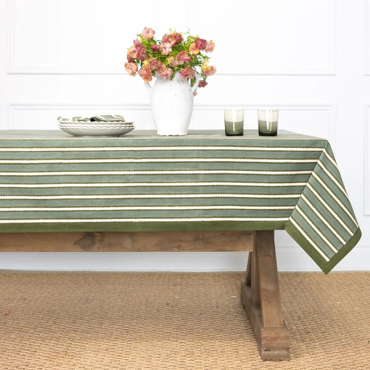 Dotted Stripe Green Tablecloth | Pomegranate