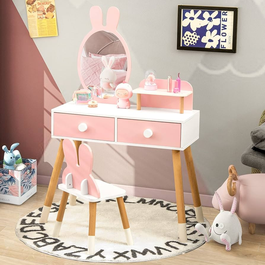 Costzon Kids Vanity Set, Girls Vanity Set with Mirror & Stool, 2 Large Drawers, Storage Shelf, Wo... | Amazon (US)