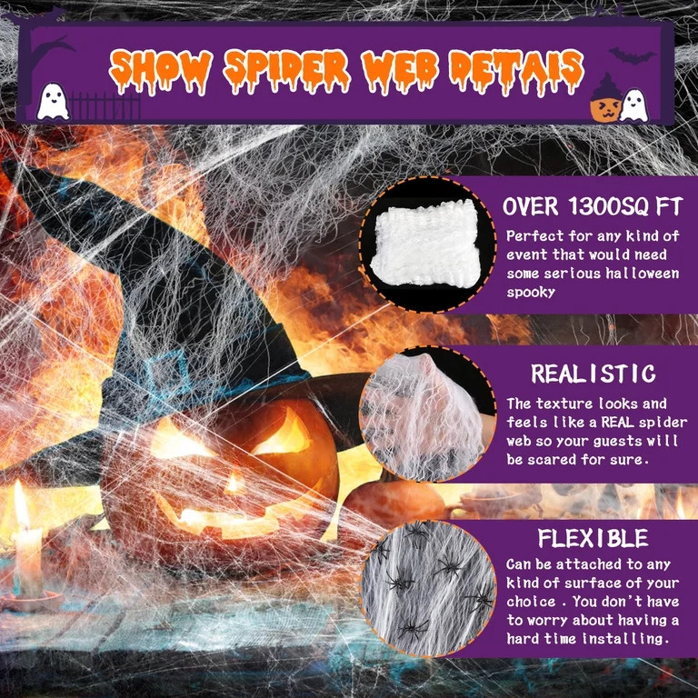 1300 square feet Halloween spider web decoration, including 50 fake spiders, super strong elastic... | Walmart (US)