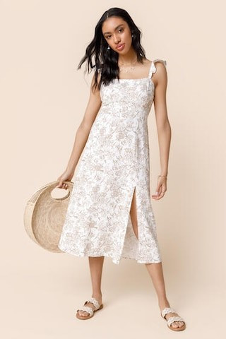 Ariana Ruffle Strap Linen Floral Midi Dress | Francesca's