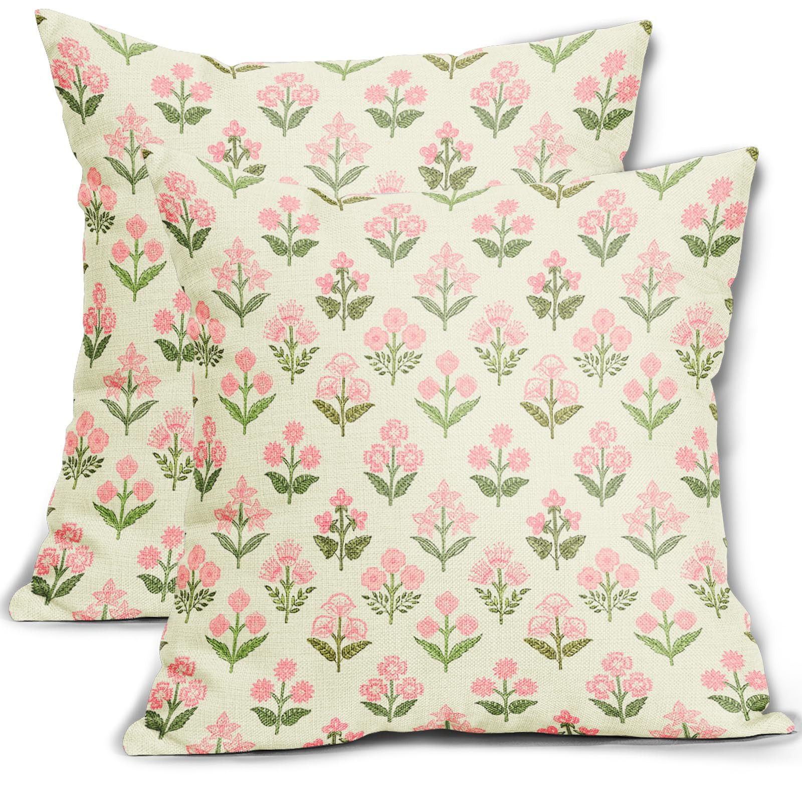 Pink Green Block Print Pillow Covers 18x18 Inch Set of 2 Vintage Floral Decorative Pillow Cases B... | Amazon (US)