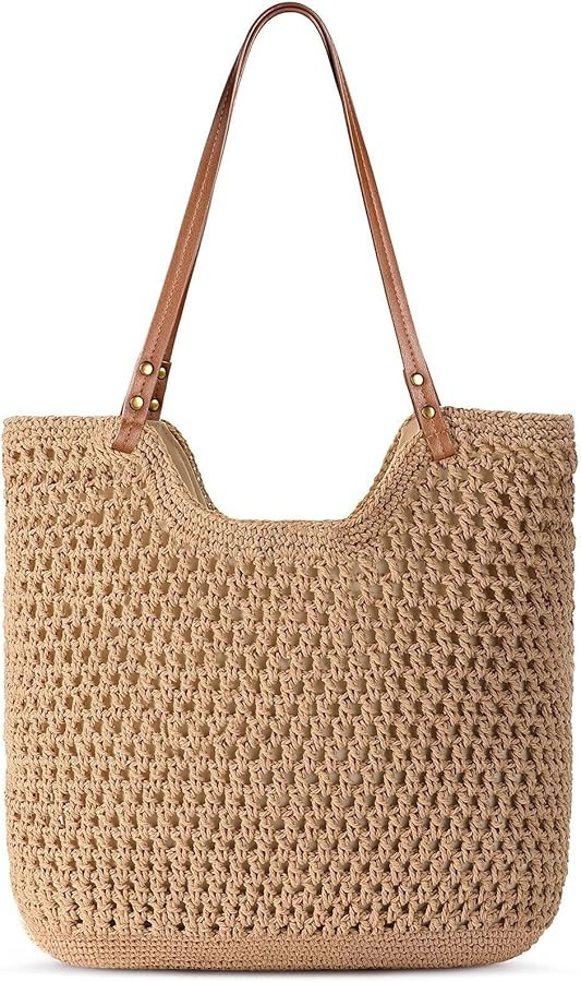 Pleneal Crochet Beach Bag, Summer Woven Tote Bag with Lining, Soft Purse Shoulder Bags for Vacati... | Amazon (US)