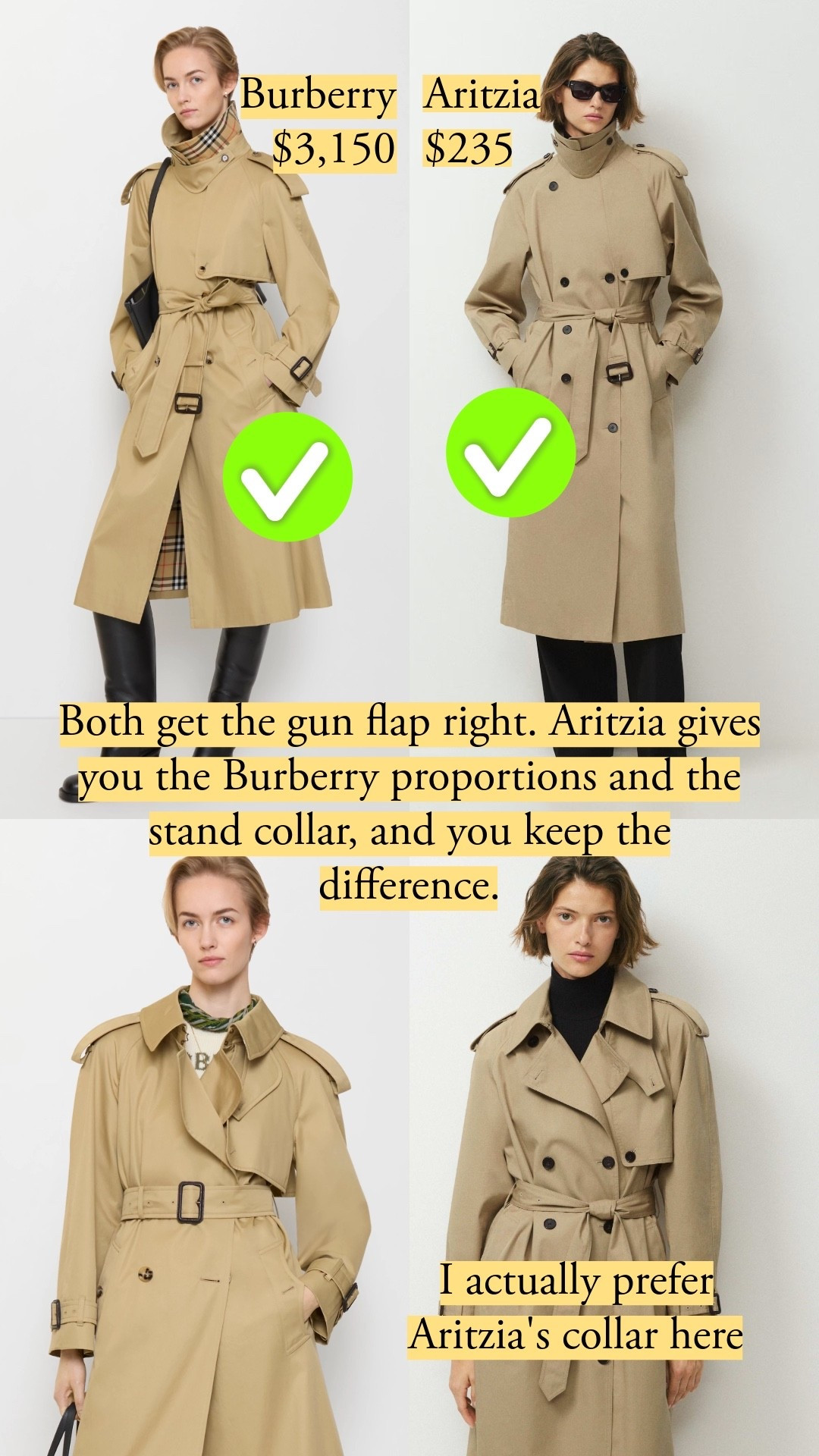 Both Burberry and Artizia get the gun flap right. Aritzia gives you the Burberry proportions and the stand collar, and you keep the difference.

#LTKootd #LTKSeasonal