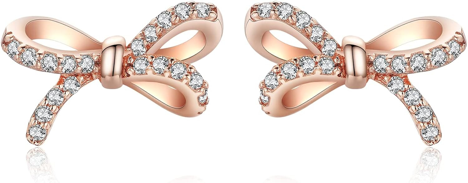925 Sterling Silver Ribbon Bow Stud Earrings With Cubic Zirconia Meaningful Gifts for Women | Amazon (US)