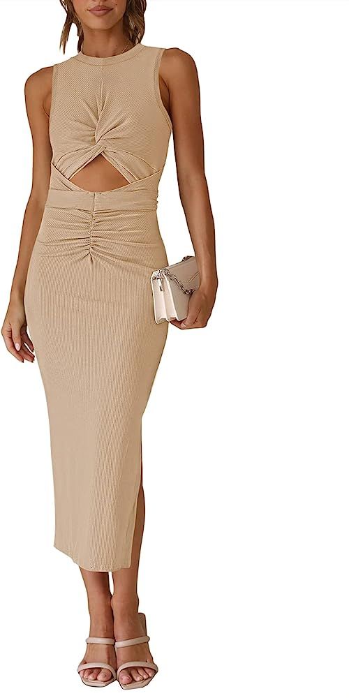 TOLENY Summer Sleeveless Cutout Dresses for Women Twisted Knot Ruched Side Slit Ribbed Bodycon Dr... | Amazon (US)