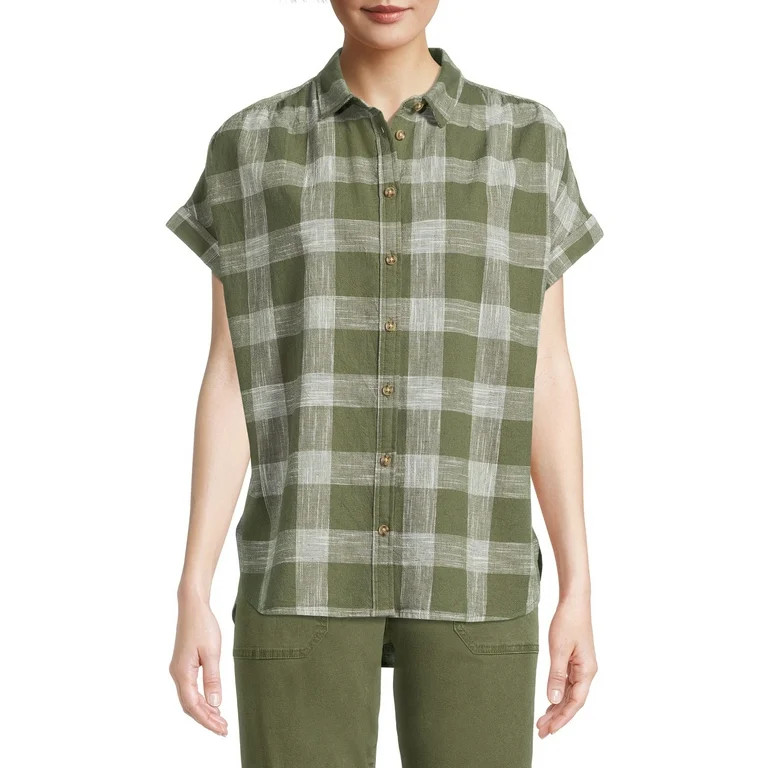 Time and Tru Women's Shirt with Roll Cuff Short Sleeves - Walmart.com | Walmart (US)