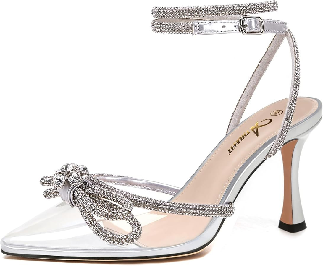Athlefit Women's Rhinestone Bow Heels Ankle Strap Pointed Toe Stiletto Heeled Sandals Wedding Bri... | Amazon (US)