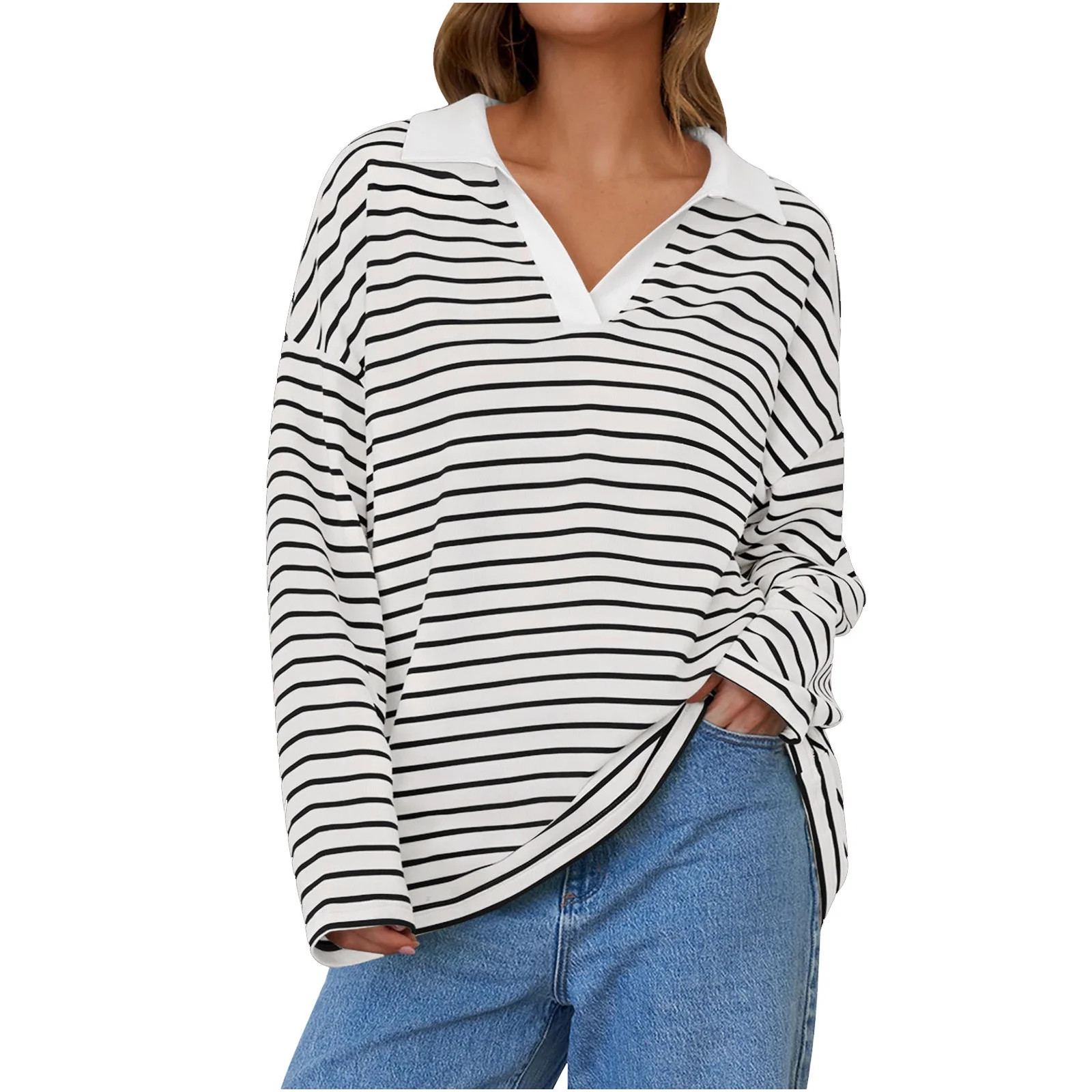 Tungbrin Women's Striped Knit Cotton Tops V Neck Long Sleeve Oversized Casual Pullover Sweatshirt... | Walmart (US)