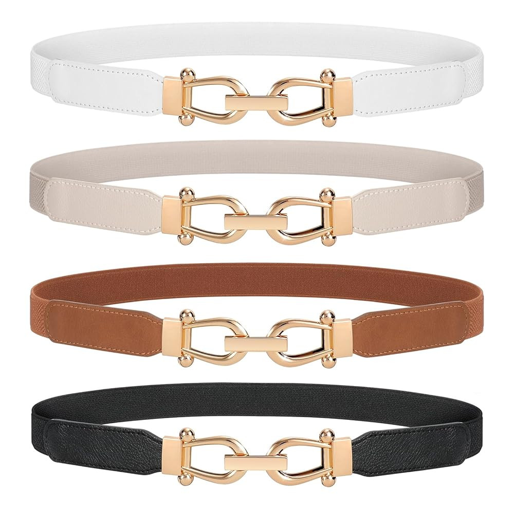 WERFORU Women Skinny Belt for Dresses Retro Stretch Waist Belt with Gold Buckle Set of 4 | Amazon (US)