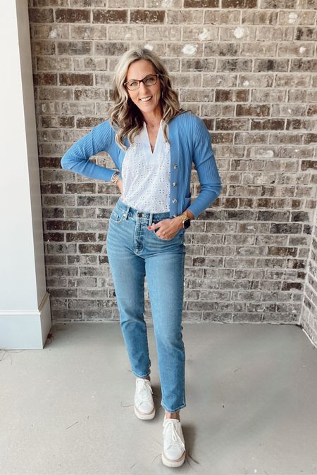 Loft casual Friday - Eyelid top, jeans, ribbed cardigan, all on sale!!! Today only - get 40% off with an extra 15% off use code extra 

#LTKstyletip #LTKover40 #LTKfindsunder50
