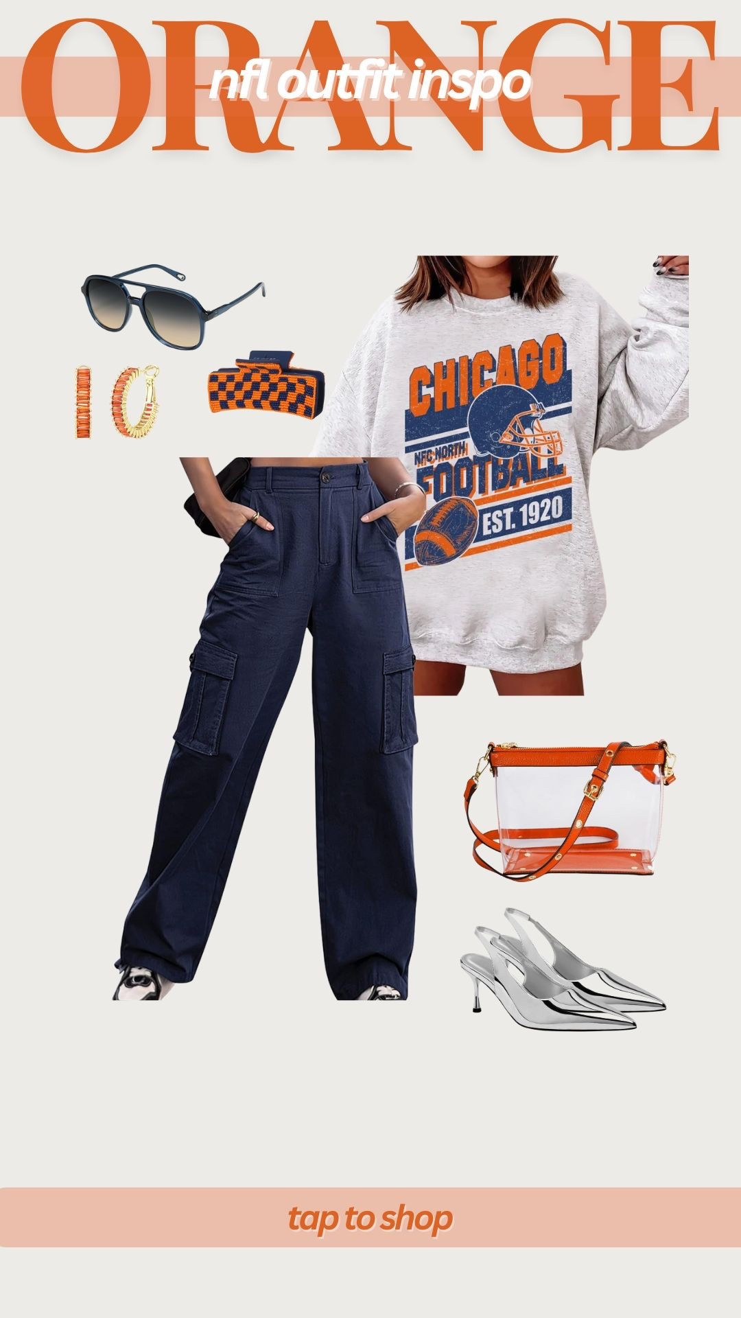 NFL game day outfit, football game outfit, orange and navy outfit, orange sports team outfit, Chicago bears outfit, Cincinnati bengals outfit, Denver broncos outfit 