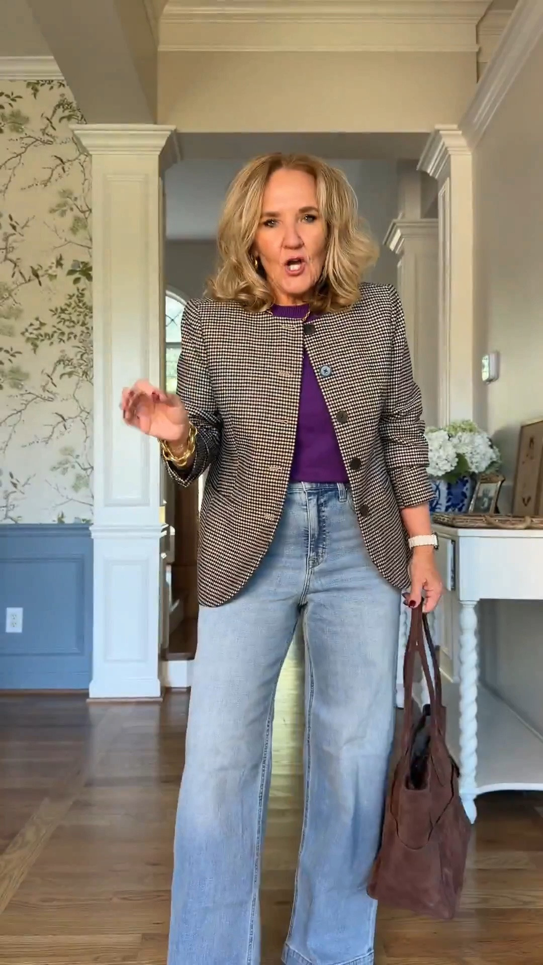Purple sweater size medium
Collarless jacket, size 10, but I really could’ve used the 10 petite
Jeans size 29 regular I would recommend sizing down because 
they’re very stretchy
Boots I size up a half
Chocolate brown suede bag under $200 is incredible quality
Corduroy dress size 10
Barrel chinos size 8
Barn jacket medium 
Leopard sweater is lightweight size medium 
Lady jacket sweater medium 
Plaid blouse with ruffle is navy and burgandy check

#LTKOver40 #LTKSaleAlert #LTKootd #LTKWorkwear