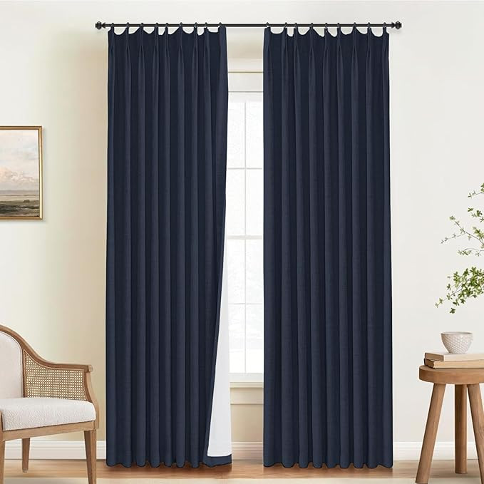 INOVADAY Blackout Curtains Pinch Pleated Linen Curtains 2 Panel Set,W40 x L96, Midnight Blue | Amazon (US)