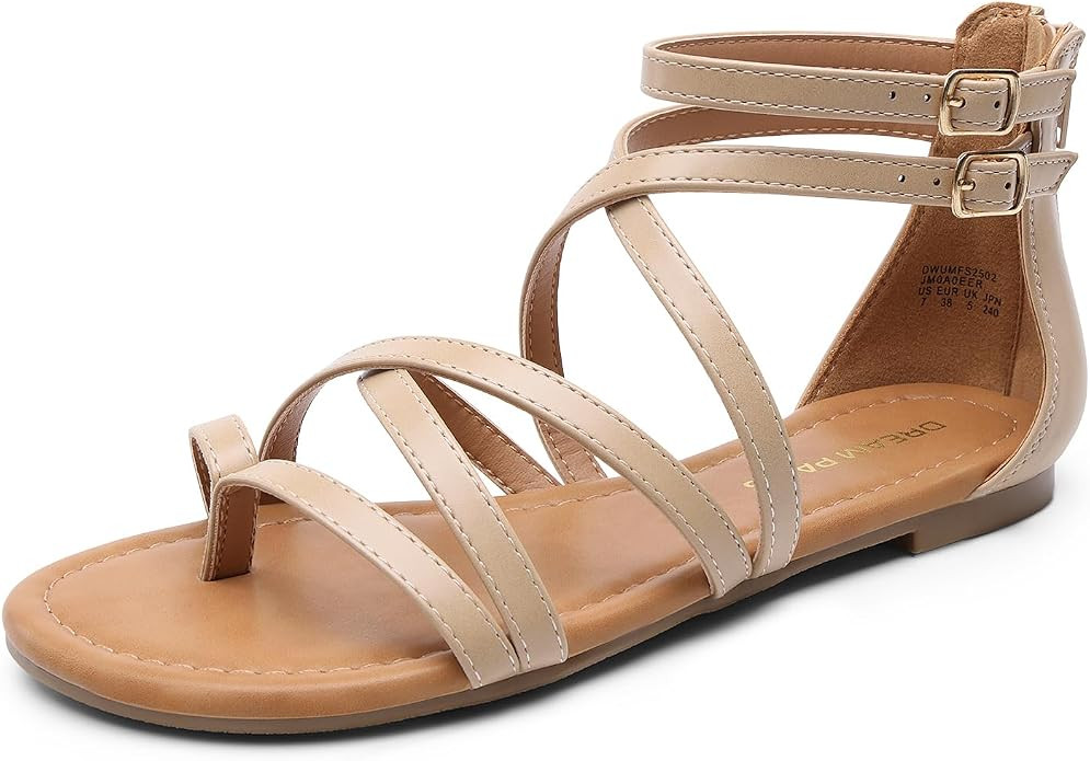 DREAM PAIRS Women's Dressy Gladiator Summer Flat Sandals | Women Dress Cross Strappy Sandals Zipp... | Amazon (US)
