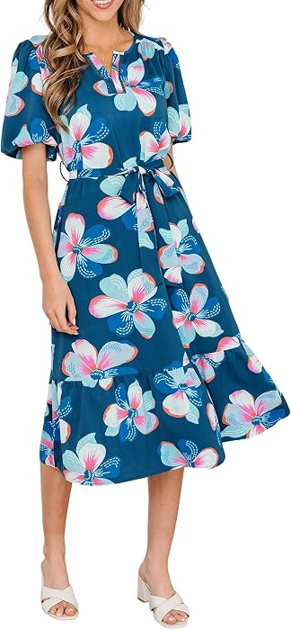 Wolddress Womens Casual Dresses Blue Floral Print Short Puff Sleeve Ruffle Hem Belted Long Dress | Amazon (US)
