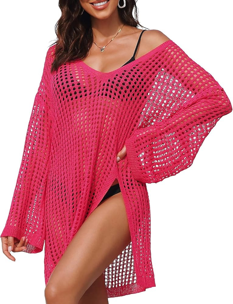 SOCIALA Swimsuit Cover Up Women Crochet Tops Side Split Swim Bikini Bathing Suit Beach Coverups L... | Amazon (US)