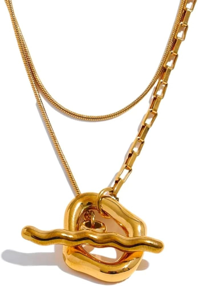 Stainless Steel Double Layered Overlay Necklace Gold Color Waterproof Chain Neck Jewelry Gift | Amazon (US)