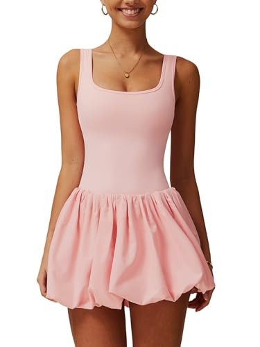 ABOCIW Womens Bubble Athletic Dress Square Neck Sleeveless Active Workout Tennis Golf Mini Dresses Build in Shorts with Pockets Peach Pink Medium | Amazon (US)