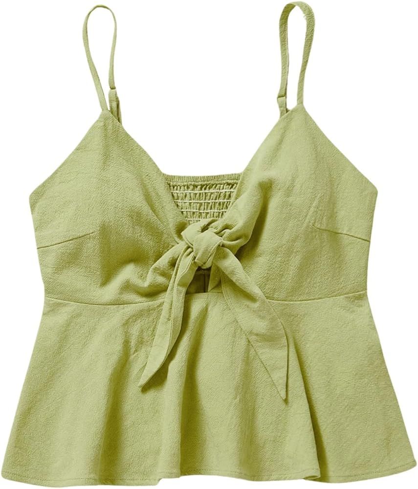 MakeMeChic Women's Smocked Peplum Crop Top V Neck Tie Front Boho Sleeveless Shirred Cami | Amazon (US)