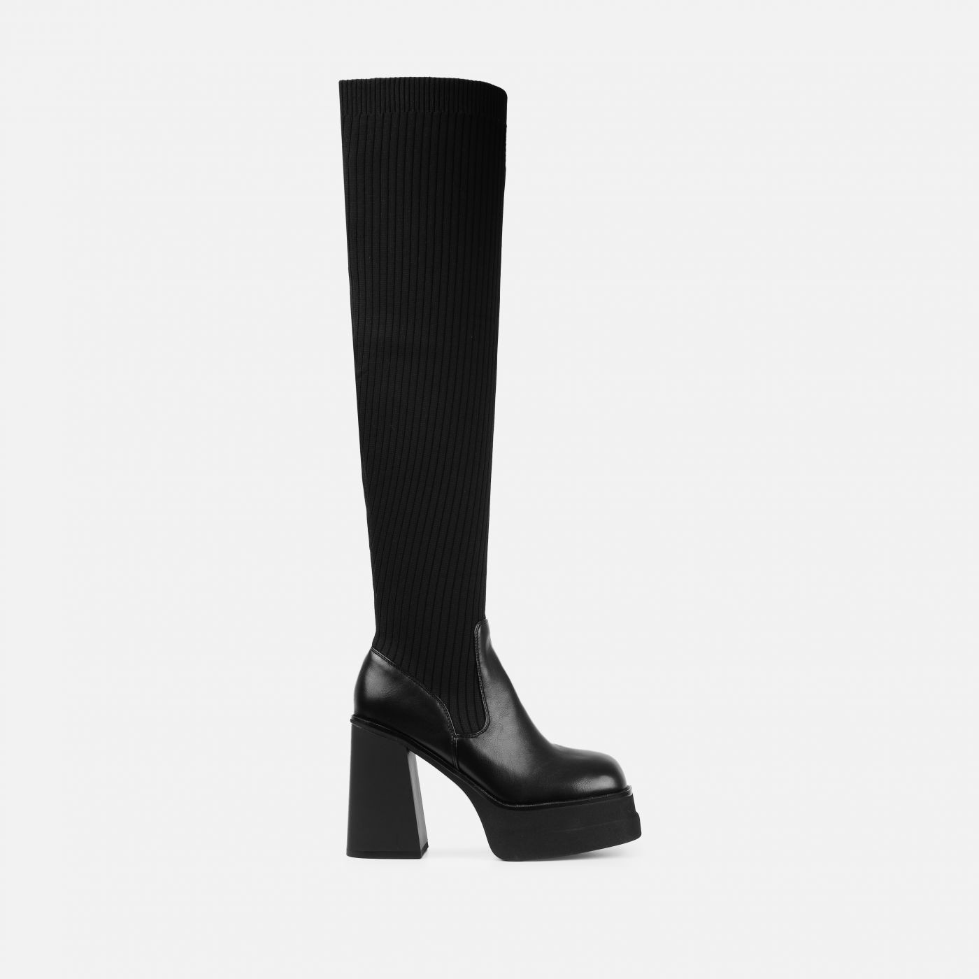 Augusto Black Knit Platform Block Thigh High Boots | Simmi Shoes