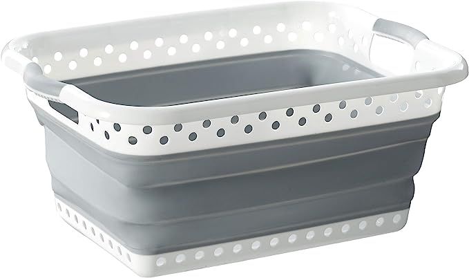 HOMZ Rectangle, White and Grey Collapsible Plastic Laundry Basket, 10.5" x 24.25" x 17.5" (Folds ... | Amazon (US)