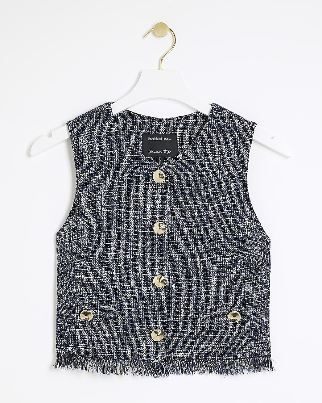 Navy boucle fringe hem waistcoat | River Island (UK & IE)