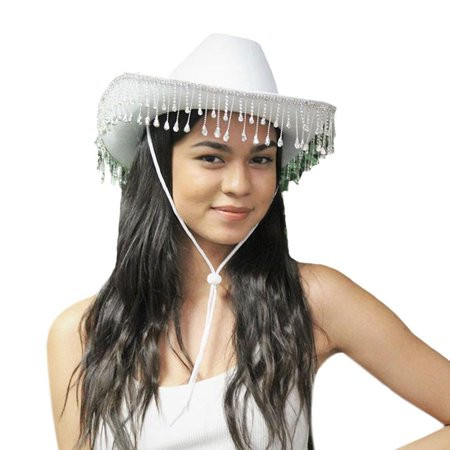 XINYTEC Trendy Wide Brim White Cowgirl Hat Rhinestone Fringe Cowboy Hat with Adjustable Drawstring f | Walmart (US)