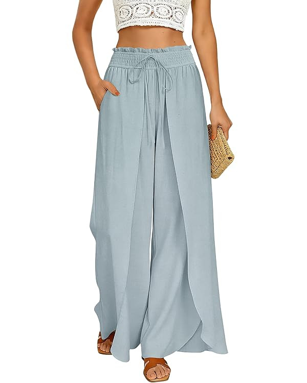 GRACE KARIN Womens Wide Leg Summer Pants Flowy Side Split Palazzo Beach Pants Boho Drawstring Hig... | Amazon (US)