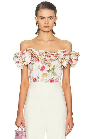 Carolina Herrera Off The Shoulder Flower Top in Almond Multi - White. Size 0 (also in 4, 6). | FWRD 