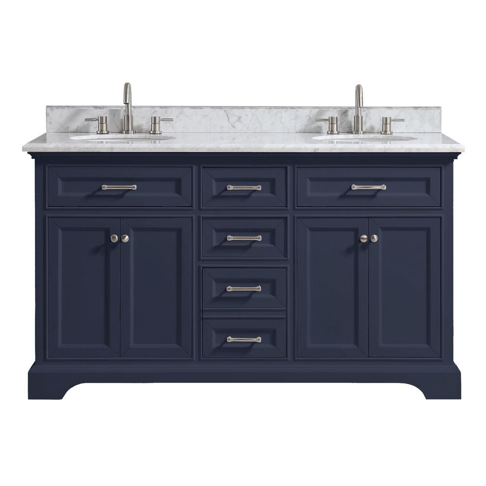 Home Decorators Collection Windlowe 61 in. W x 22 in. D x 35 in. H Bath Vanity in Navy Blue with ... | The Home Depot