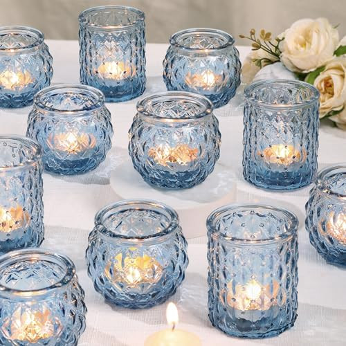 DARJEN Blue Glass Votive Candle Holders Set of 24 - Round Tea Lights for Wedding, Shower, Party &... | Amazon (US)