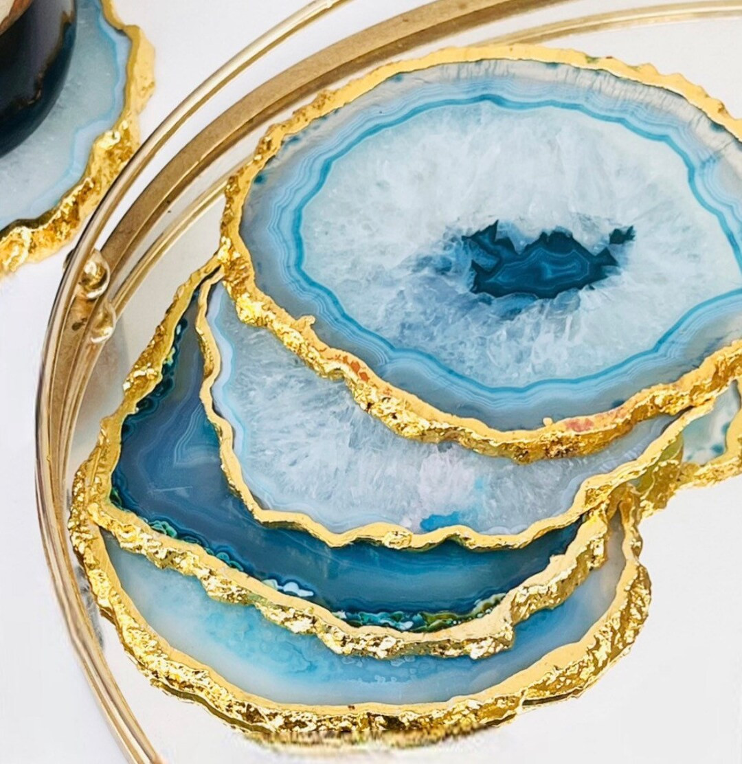 Agate Large 4 Teal Green Crystal Coaster Gold - Etsy | Etsy (US)
