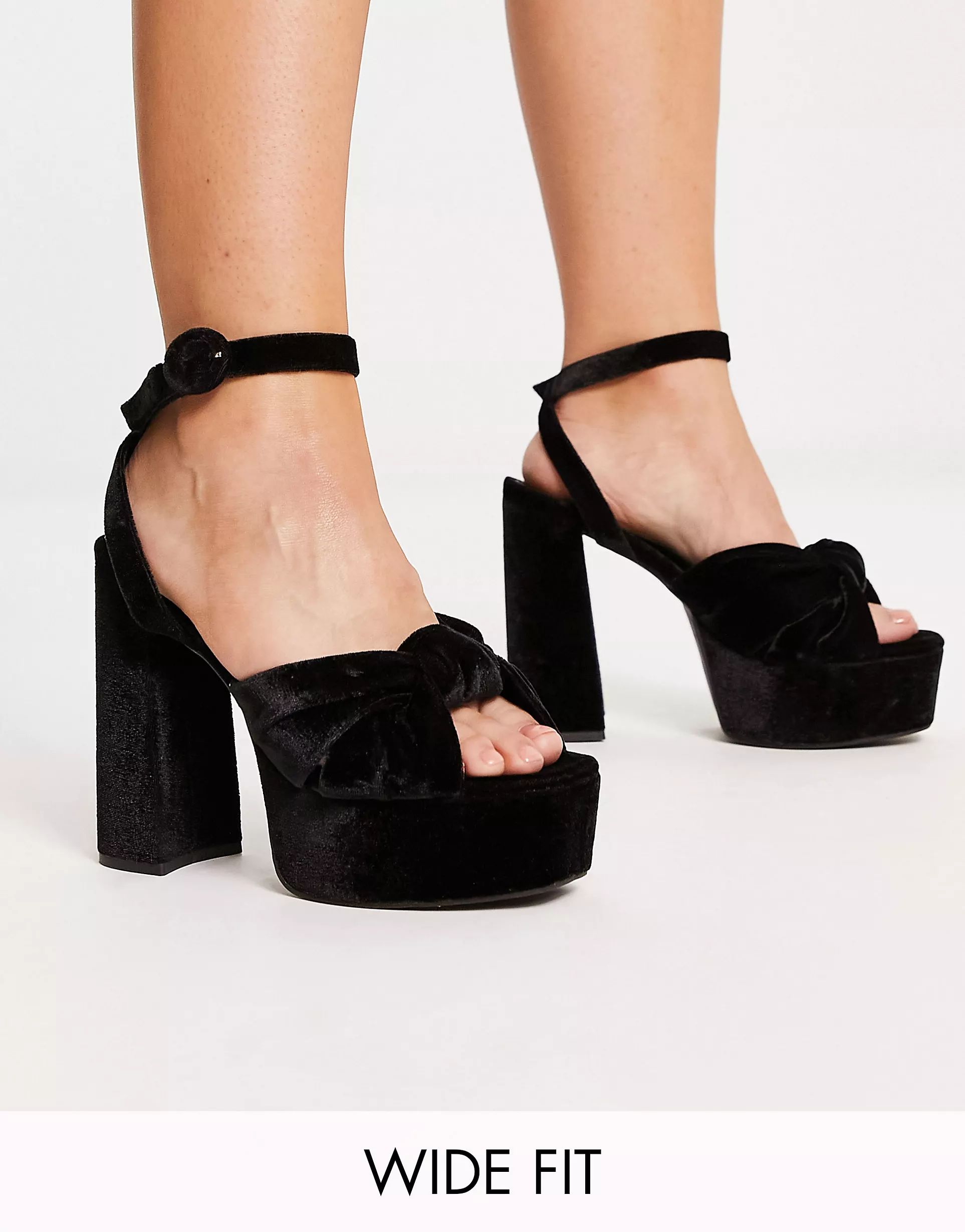 ASOS DESIGN Wide Fit Natia knotted platform heeled sandals in black | ASOS | ASOS (Global)