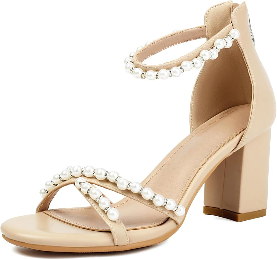 Women's Pearl Heels 3 Inch Chunky Block Heels Ankle Strap Wedding Party Prom Dressy Sandals with ... | Amazon (US)