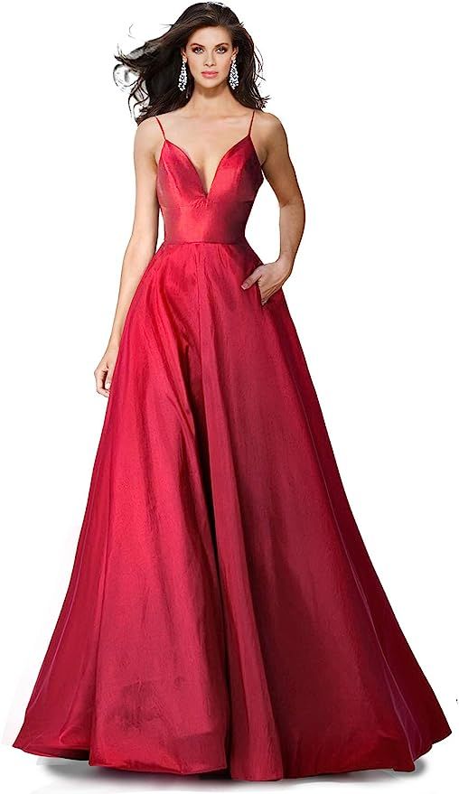 SUMINTRAS Alluring deep v-Neck Side Pockets a line lace-up Back Taffeta Ball Gown Prom Formal Dre... | Amazon (US)